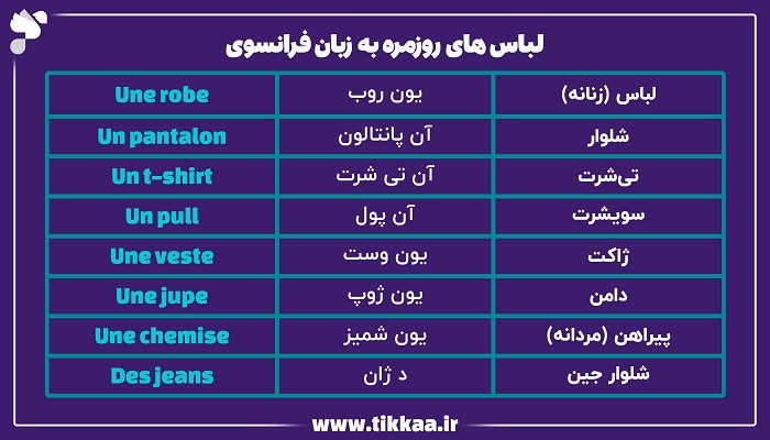 لباس‌ های روزمره به زبان فرانسوی