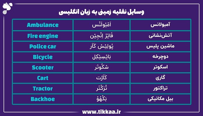 وسایل نقلیه رایج به زبان انگلیسی