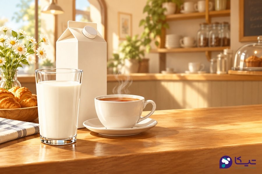 لیوان و پاکت شیر کنار فنجان چای برای یادگیری کاربرد milk در انگلیسی