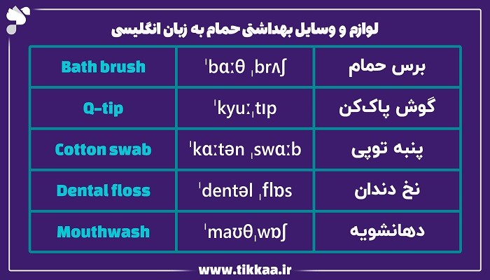 لوازم بهداشتی حمام به زبان انگلیسی