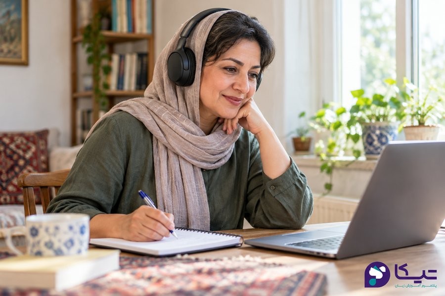 تمرین زبان انگلیسی در بزرگسالی با هدفون و دفتر