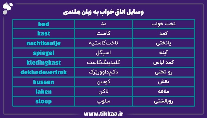 وسایل اتاق خواب به زبان هلندی