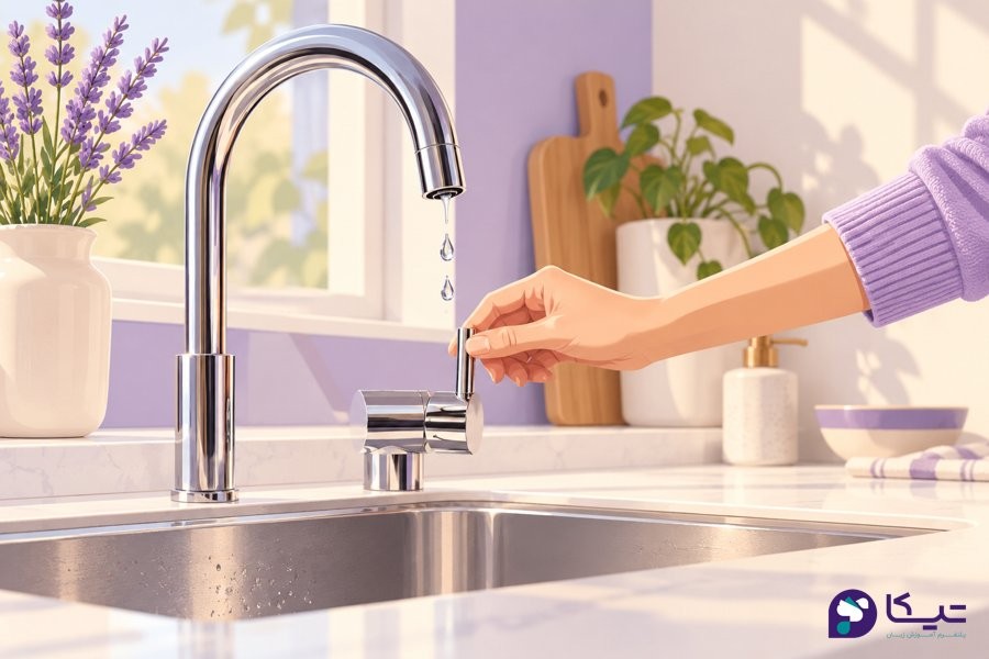 دستی روی دسته شیر آب آشپزخانه برای آموزش عبارت turn off the tap