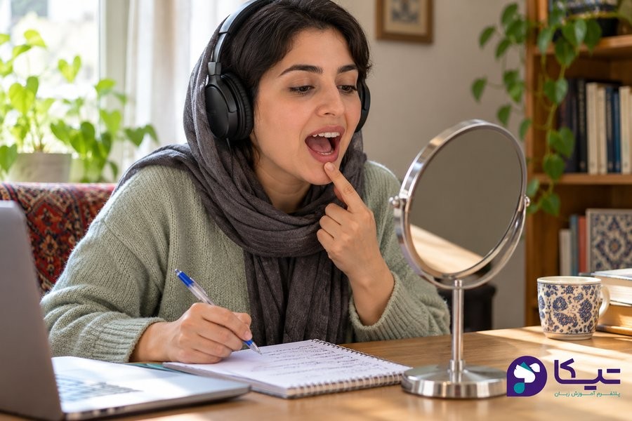 تمرین تلفظ با آینه و شنیدن صدای نمونه